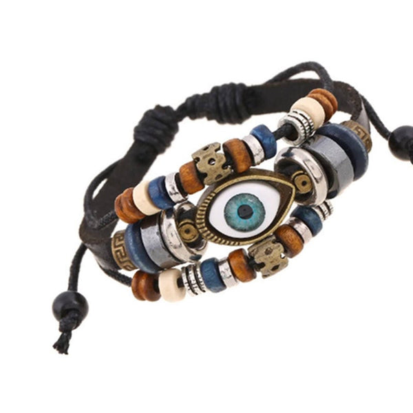 Veile Studios 3 Layered Punk Design Evil Eye Bracelets Leather Beads Charms & Charm Bracelets