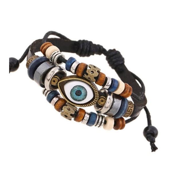 Veile Studios 3 Layered Punk Design Evil Eye Bracelets Leather Beads Charms & Charm Bracelets