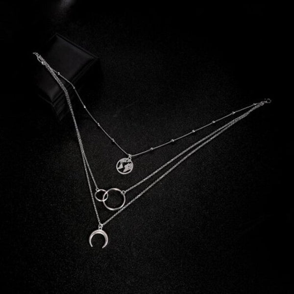 3 Pcs / Set Fashion Moon Circle Map Pendant Necklace For Women Jewelry Earth Choke Silver 3Pcs