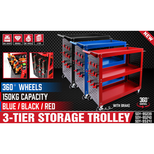3-Tier Heavy Duty Steel Tool Trolley Workshop Cart With Pegboard, Hooks And Locking Swivel Casters