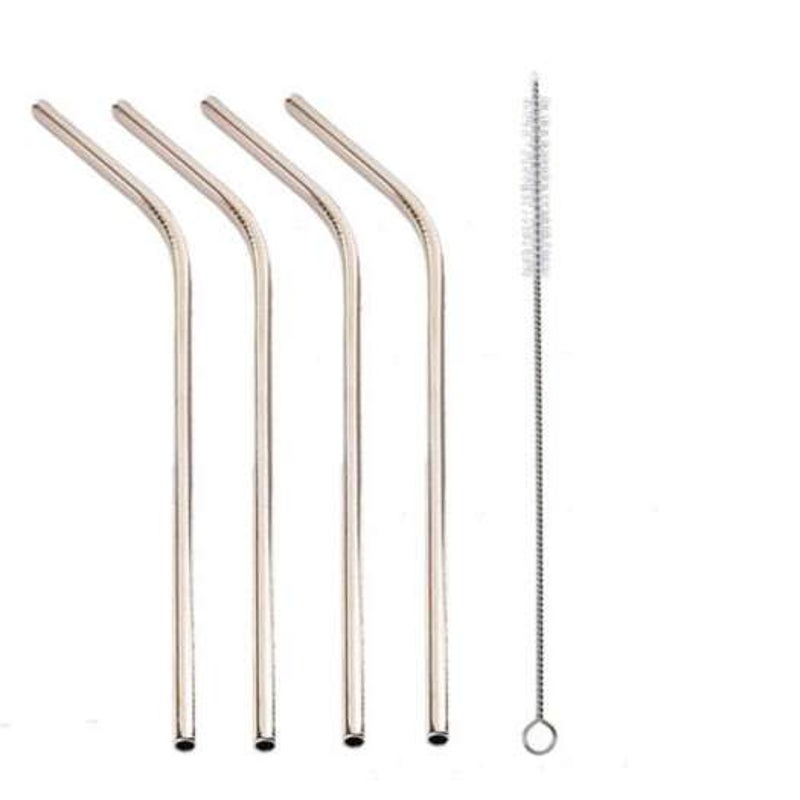 304 Stainless Steel Colorful Curved Straw 4Pcs With Brush Silver Straws & Stirrers