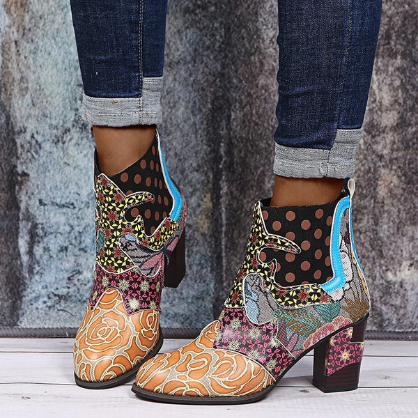 Bohemian Women's Boho Retro Block High Heels Zipper Boots