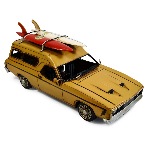 1976 Ford Xc Falcon Panelvan Metal Car Ornament With Surfboards Yellow Figurines