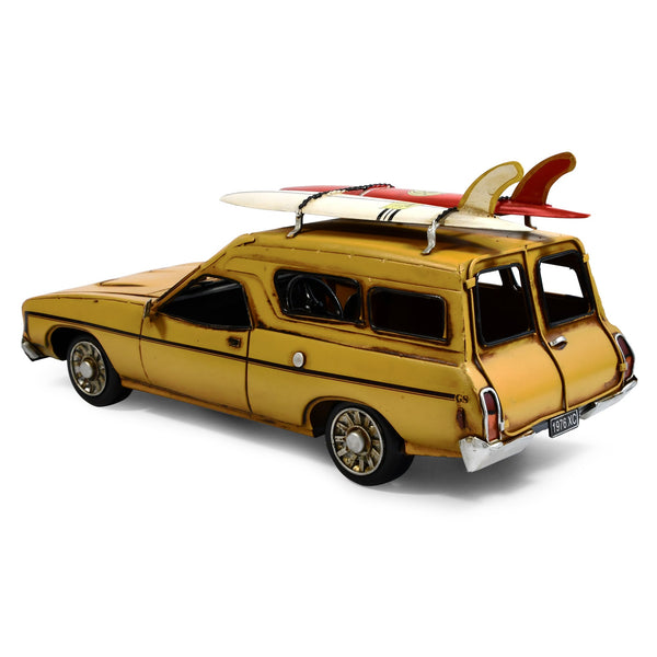 1976 Ford Xc Falcon Panelvan Metal Car Ornament With Surfboards Yellow Figurines