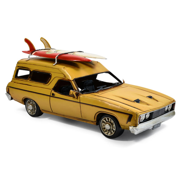 1976 Ford Xc Falcon Panelvan Metal Car Ornament With Surfboards Yellow Figurines