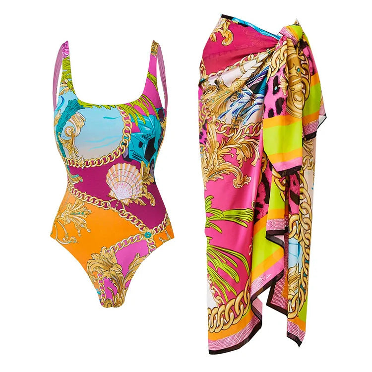 Cartoon Print Contrasting One Piece Swimsuit Set For Women Swimwear