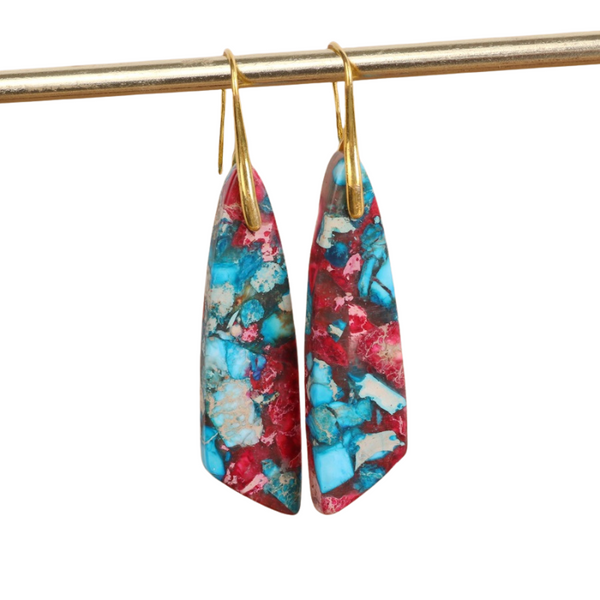 Veile Studios Geometric Flower Shape Pendant Copper Material Gold Hook Red Green Earrings