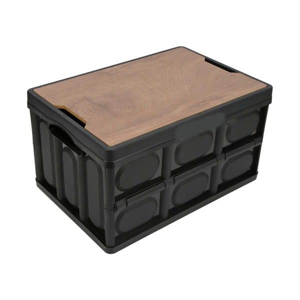 Elosung 30L Black Foldable Storage Box With Wooden Lid Multifunctional Car Organizer Outdoor Folding Container Storage Boxes