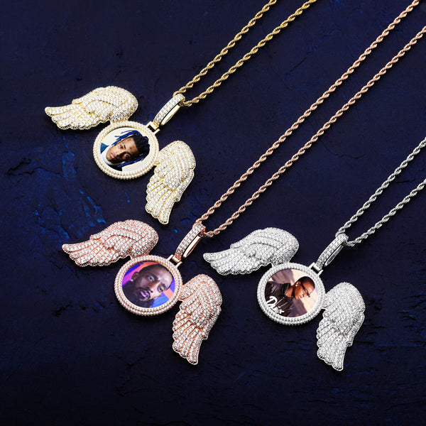 Angel Wings Large Diy Photo Frame Pendant Full Zircon Jewelry Hip Hop Necklace Gold Australia Accessories Necklaces & Pendants
