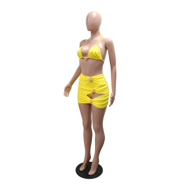 Beach Vacation Style Swimsuit Bikini Three Piece Set For Women With Belted Skirt Swimwear