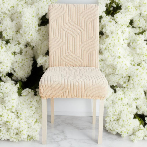 Chair Cover Beige Linear Design Anti Dirt Elastic Material For Dining Room Kitchen Slipcovers