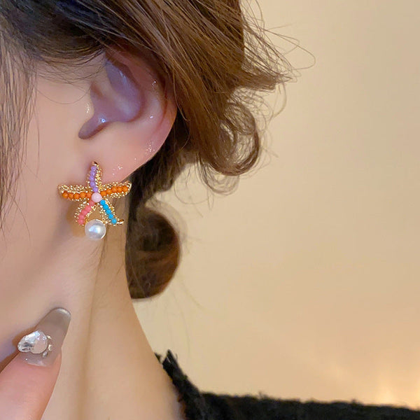 Veile Studios Cute Colourful Starfish Pearl Simple For Casual And Formal Use Earrings