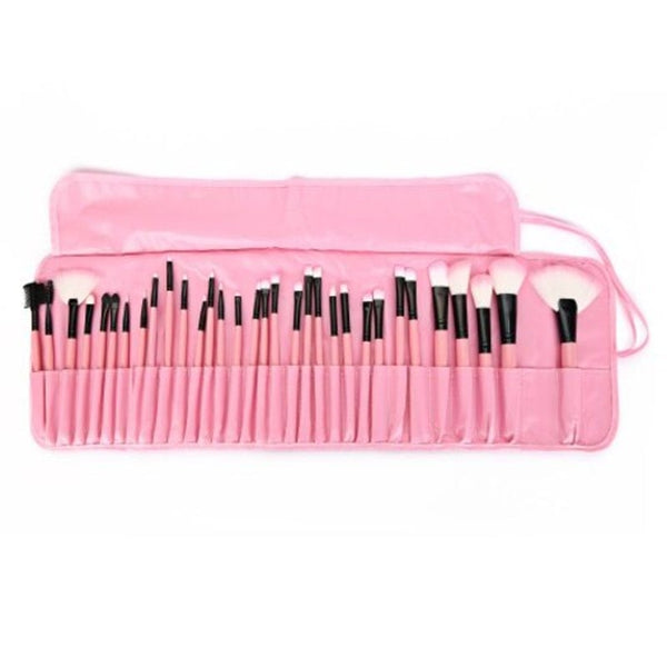 32 Pcs Makeup Brush Set With Faux Leather Pure Color Bag Pink Brushes