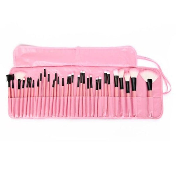 32 Pcs Makeup Brush Set With Faux Leather Pure Color Bag Pink