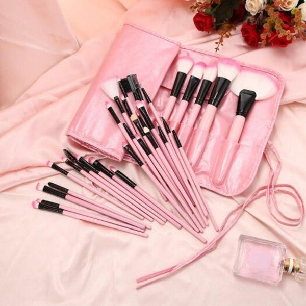 32 Pcs Makeup Brush Set With Faux Leather Pure Color Bag Pink