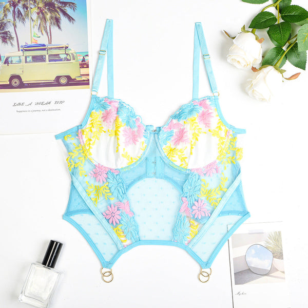 Women's Versatile Fresh Top Color Block Floral Embroidery Chest Lining Short Crop Tank Tops