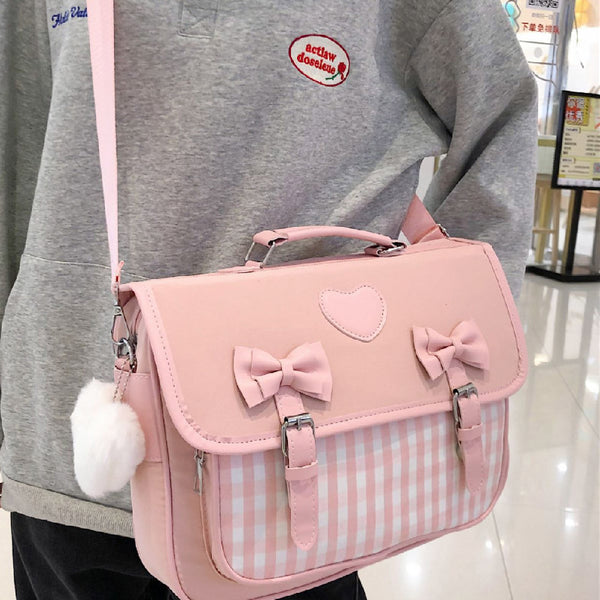 Fashion British Style Girls Checkered Shoulder Bag Backpack Black Pink Nylon Bow Knot Wrapped Backpacks & Bags