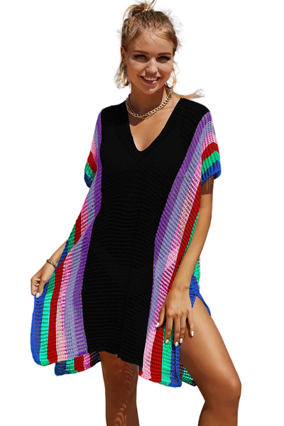 Openwork Striped Slit Knit Cover Up Swimwear