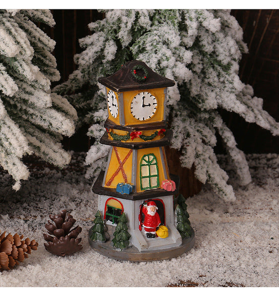 Creative Led Resin Mini House Decoration Illuminated Clock Tower For Christmas Holiday Gift Seasonal Decorations