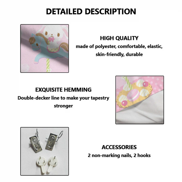 1Pc Tapestry Sanrio Sugar Rabbit Wall Hanging. Carousel Living Room Bedroom Home Decor Art Cover Up Accessories Tapestries