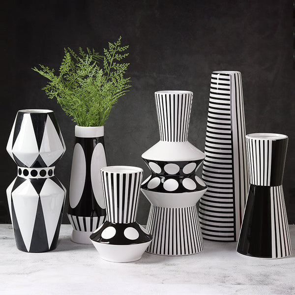 Geometric Black White Striped Ceramic Vase Decor Vases