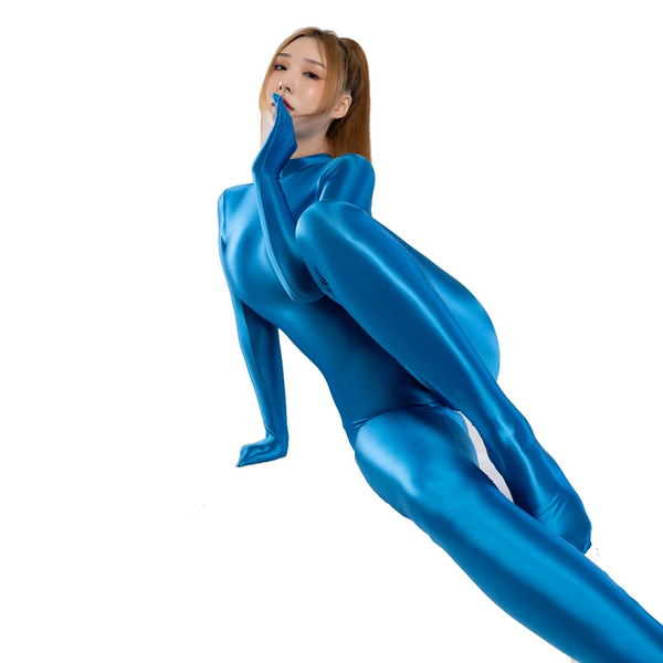 Shiny Glossy Satin  Women's Long Sleeve Finger Gloves Zipper Back Full Length One Piece Bodysuit Silky Tights Zentai Catsuit Gloves & Mittens