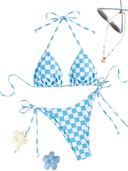 Lace Up Multi Color Checkered Split Swimsuit Women's Bikini Swimwear