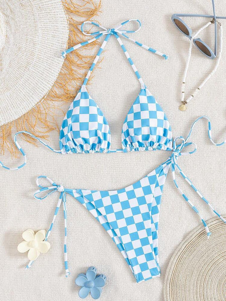 Lace Up Multi Color Checkered Split Swimsuit Women's Bikini Swimwear