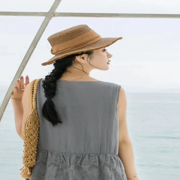 Luna&Dolphin Original Summer Handmade Women Spring Sun Hat Beach Raffia Panama Straw Cap Big Brim White Ribbon English Top Hats