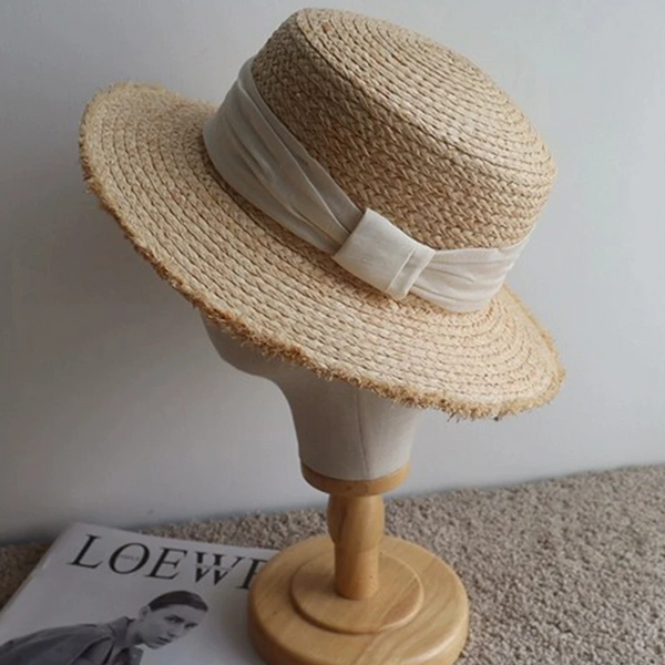 Luna&Dolphin Original Summer Handmade Women Spring Sun Hat Beach Raffia Panama Straw Cap Big Brim White Ribbon English Top Hats