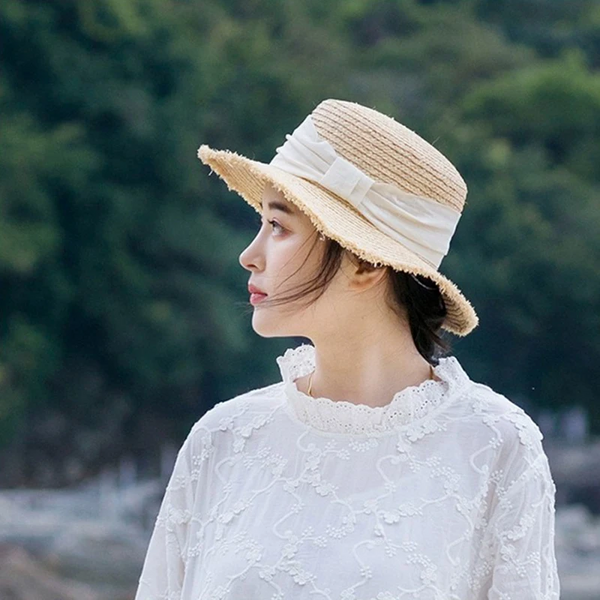 Luna&Dolphin Original Summer Handmade Women Spring Sun Hat Beach Raffia Panama Straw Cap Big Brim White Ribbon English Top Hats