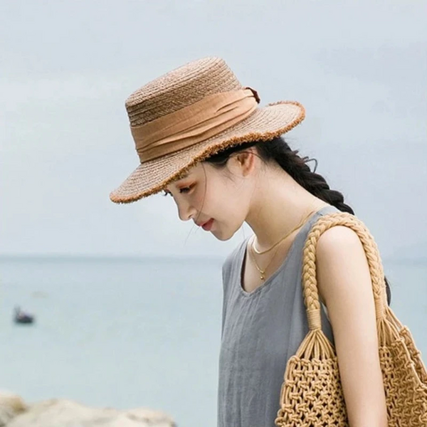Luna&Dolphin Original Summer Handmade Women Spring Sun Hat Beach Raffia Panama Straw Cap Big Brim White Ribbon English Top Hats