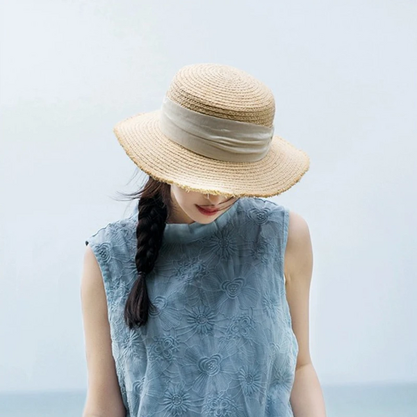 Luna&Dolphin Original Summer Handmade Women Spring Sun Hat Beach Raffia Panama Straw Cap Big Brim White Ribbon English Top Hats
