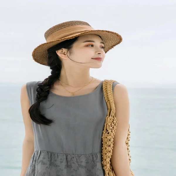 Luna&Dolphin Original Summer Handmade Women Spring Sun Hat Beach Raffia Panama Straw Cap Big Brim White Ribbon English Top Hats