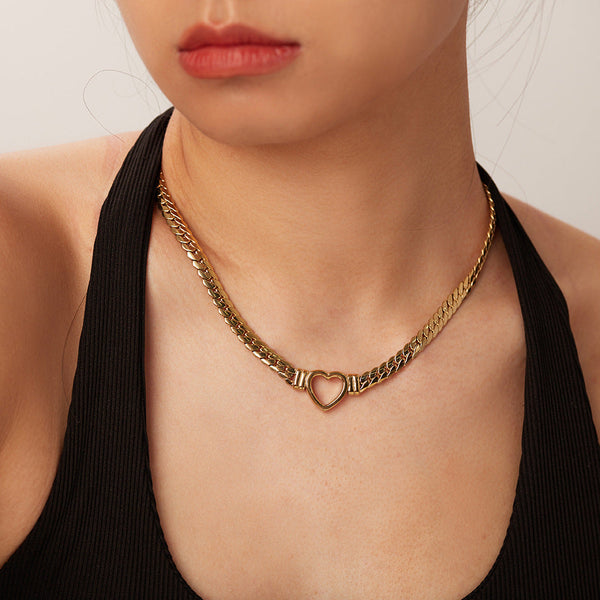 Stainless Steel Cuban Chain Heart Shaped Necklace With Hollowed Out Flat Snake Pendant For Women Necklaces & Pendants