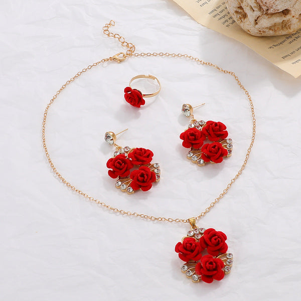 4Pcs/Set Romantic Lovely Red Rose Flower Inlaid Rhinestone Pendant Necklaces+Dangle Earrings+Ringfor Women Valentine's Day Gift Necklaces & Pendants