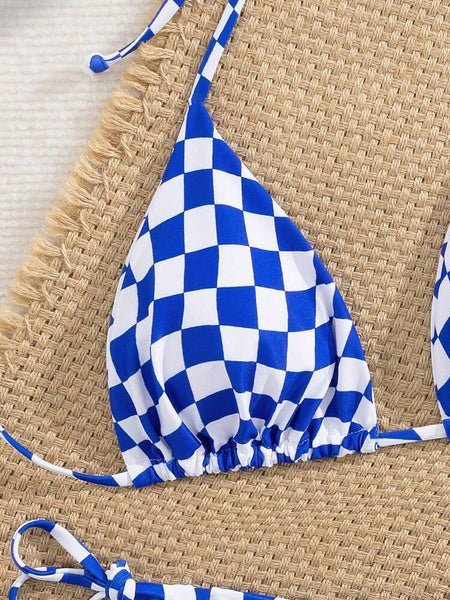 Lace Up Multi Color Checkered Split Swimsuit Women's Bikini Swimwear