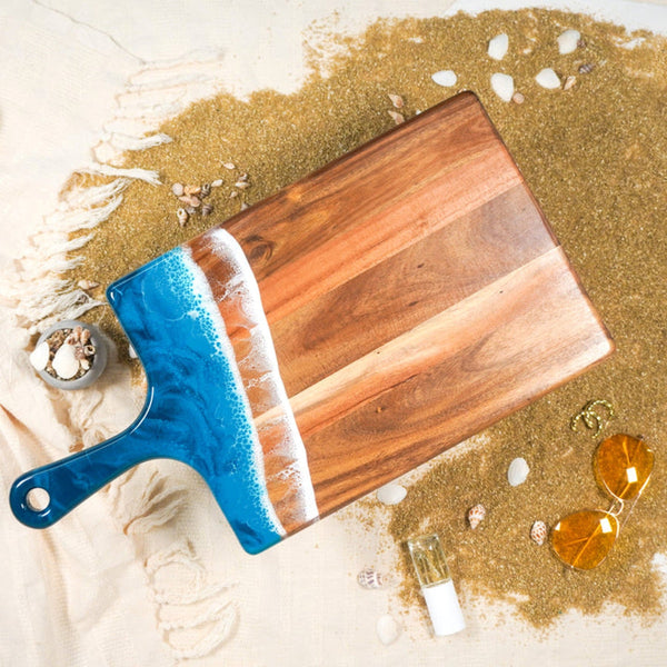 Medium Acacia Wood Cheese Board With Hand Poured Resin Ocean Design Trays