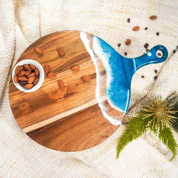 Round Acacia Wood Cheese Paddle With Hand Poured Resin Design Ocean Vibes Trays