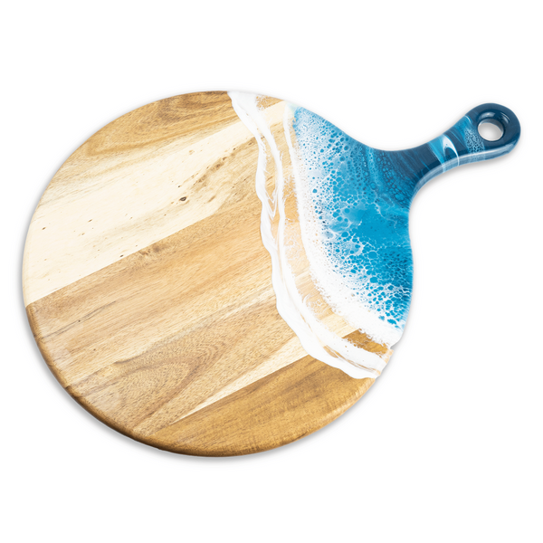 Round Acacia Wood Cheese Paddle With Hand Poured Resin Design Ocean Vibes Trays
