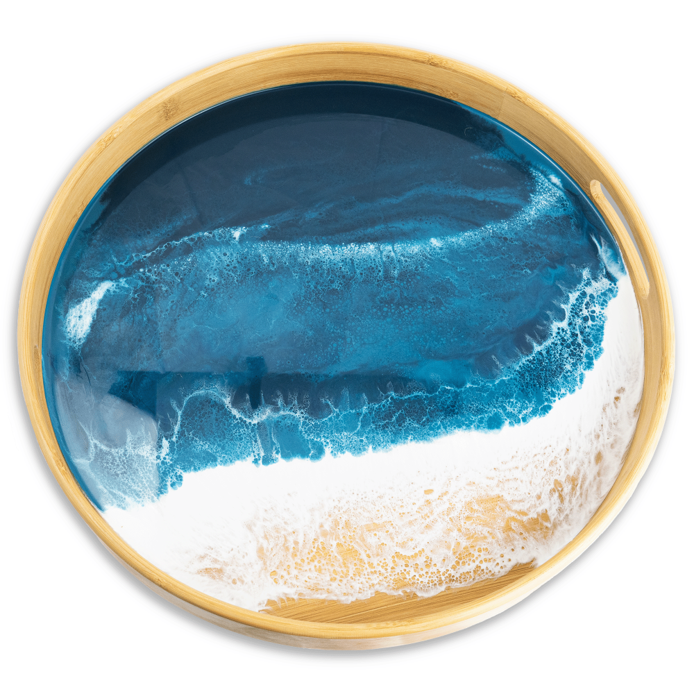 Round Bamboo Resin Serving Tray With Ocean Vibes Design And Durable Material Trays