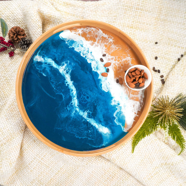 Round Bamboo Resin Serving Tray With Ocean Vibes Design And Durable Material Trays