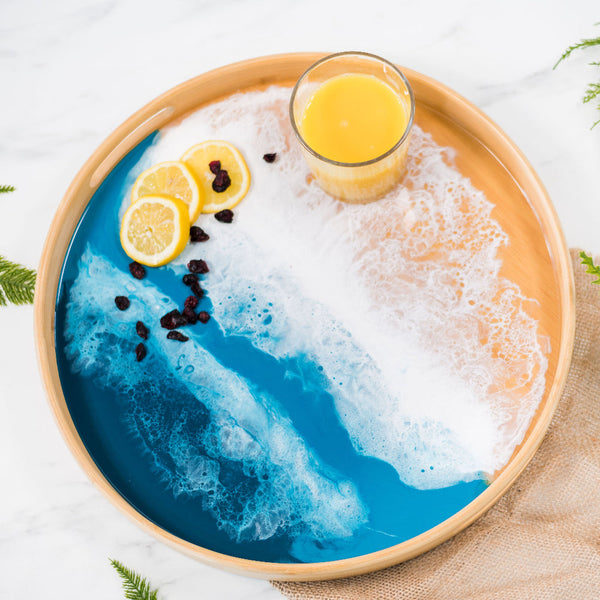 Round Bamboo Resin Serving Tray With Ocean Vibes Design And Durable Material Trays
