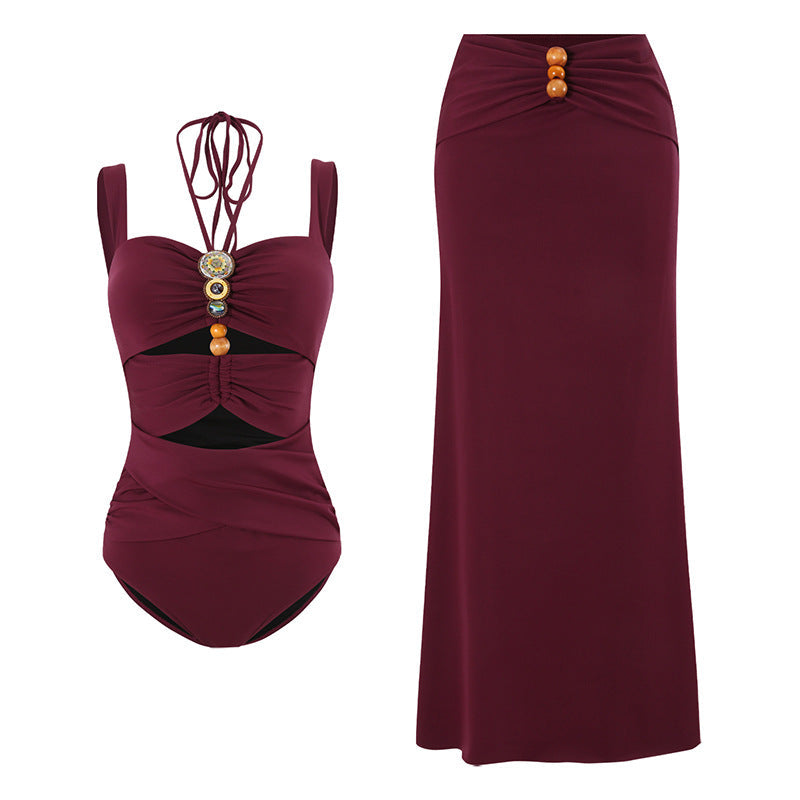 Strap Decoration Hollow Neck Hanging One Piece Swimsuit Women's Long Skirt Set Swimwear