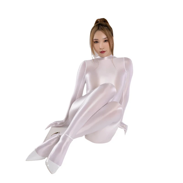 Shiny Glossy Satin  Women's Long Sleeve Finger Gloves Zipper Back Full Length One Piece Bodysuit Silky Tights Zentai Catsuit Gloves & Mittens