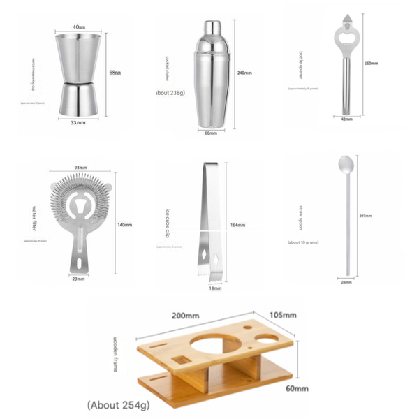 Elosung 350Ml 7 Piece Stainless Steel tail Shaker Set With Bamboo Stand Bartender Kit tail Shakers & Sets