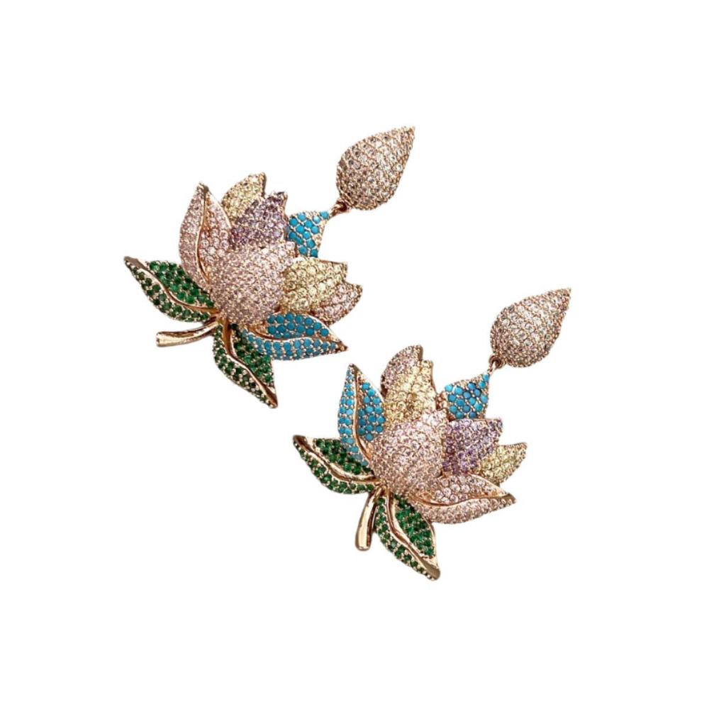 Veile Studios Lotus Plant Flower Inlaid Diamond Shaped Copper Earrings