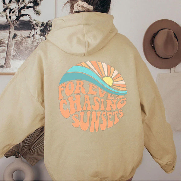 Women Fleece Lined Sunset Print Kangaroo Pocket Drawstring Hoodie Hoodies & Sweatshirts