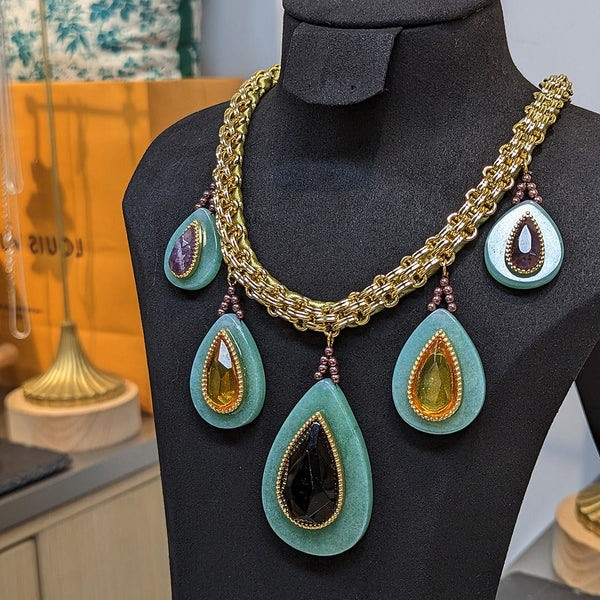 Veile Studios Heavy Duty Woven Cuban Retro Thick Chain Natural Stone Droplet Malachite Green Luxury Necklace Necklaces & Pendants