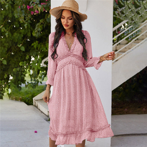 Boho All Over Print Frill Trim Women's Summer Long Sleeve V Neck Dress Dresses